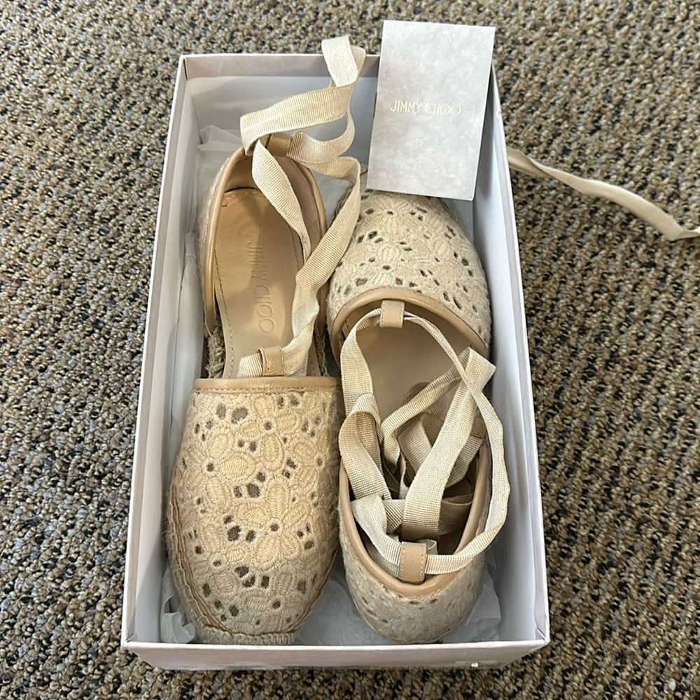JIMMY CHOO flower lace espadrilles with ribbon strap